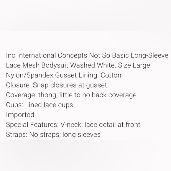 (A9) INC International Concepts Long-Sleeve Lace Mesh Bodysuit-Washed White, NWT - Picture 6 of 7
